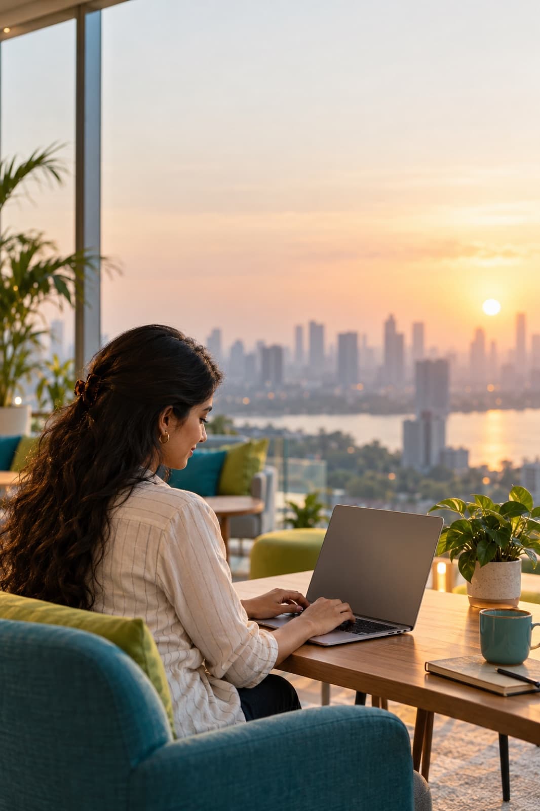 A student working on a laptop in a bright co-working space at sunset