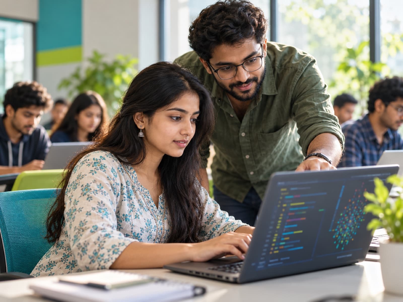 A mentor guiding a student through a coding exercise in a bright classroom