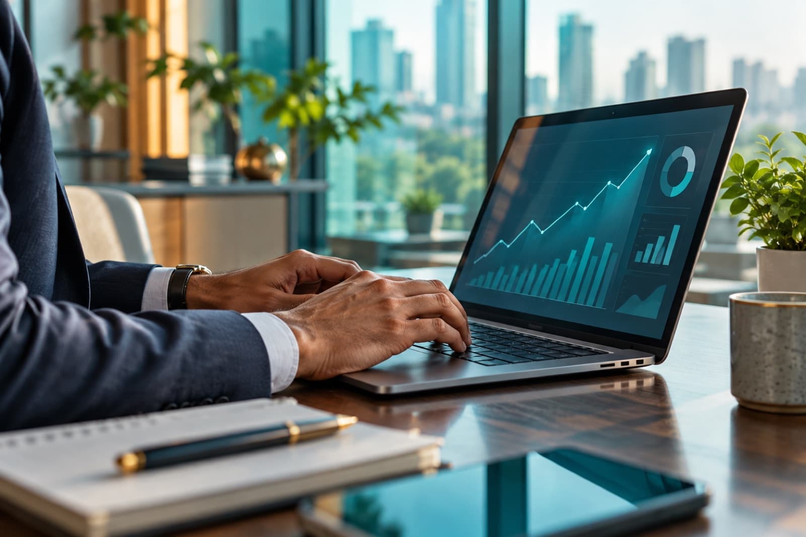 Hands using a laptop with an abstract rising chart on screen
