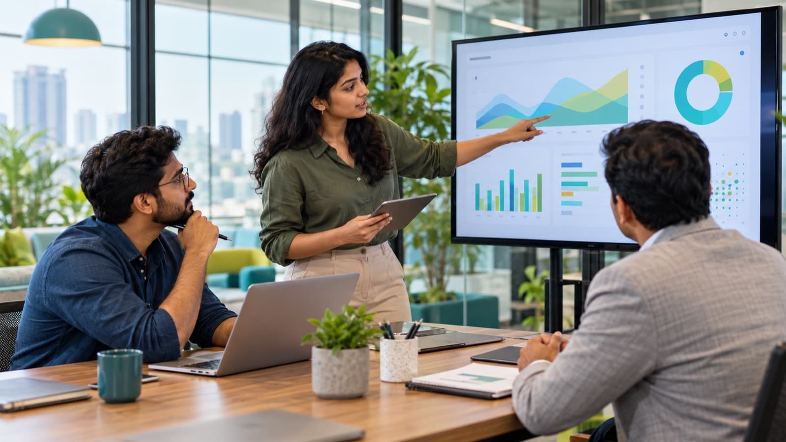 Indian product team reviewing an analytics dashboard together in a bright office